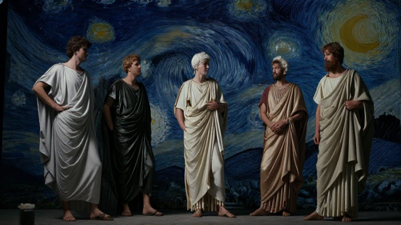 Filósofos griegos bajo cielos dramáticos