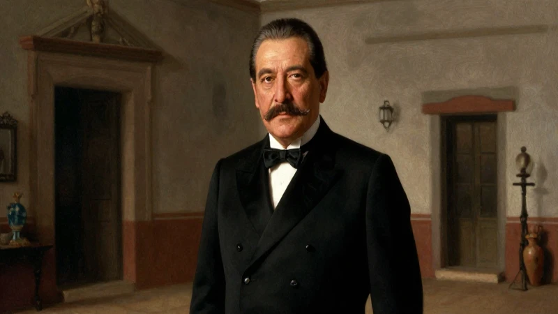 Retrato solemne de Díaz, fondo polvoriento e histórico