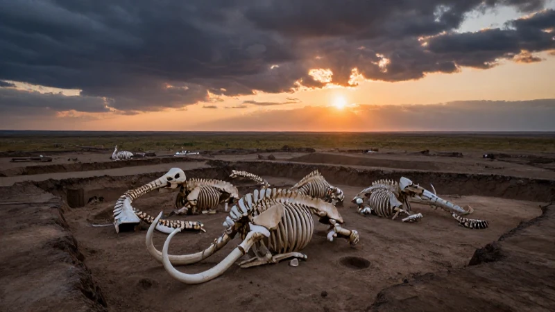 Restos mamut yacen bajo un atardecer antiguo