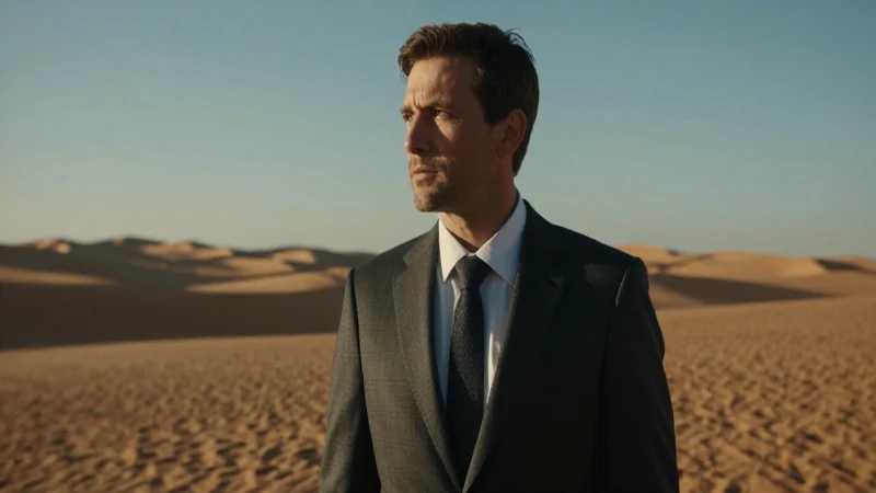 Hombre trajeado en desierto, luz dramática