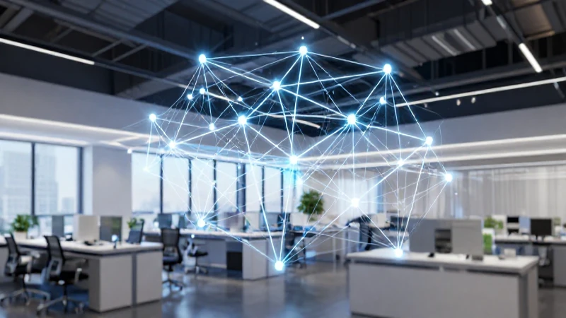 Oficina futurista, brillante e interconectada