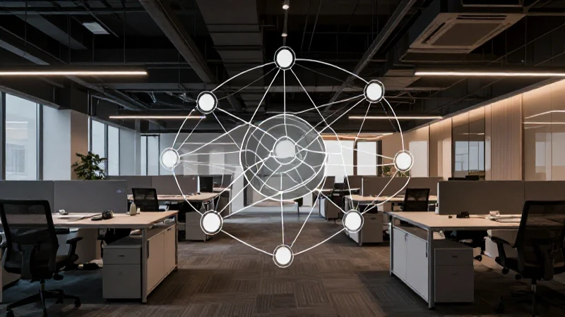 Oficina moderna con iluminación contrastada e interconexión