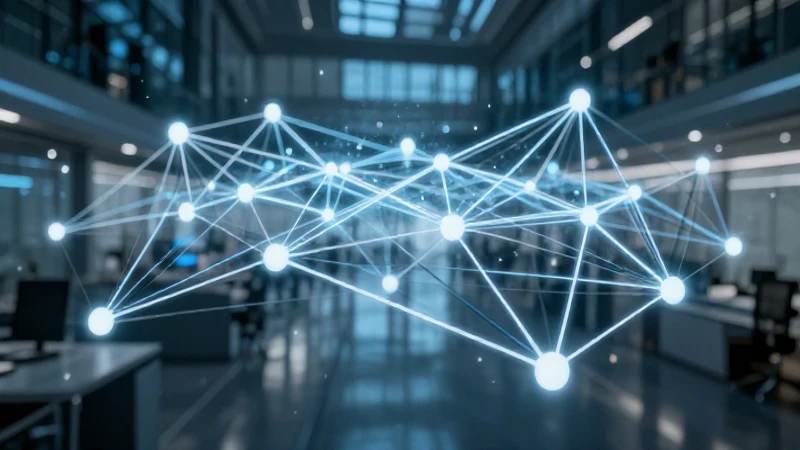 Oficina futurista con redes luminosas y dinámicas