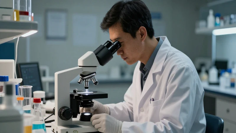 Científico observa con microscopio bajo luz suave