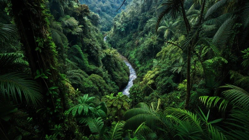 Selva exuberante bajo luz volumétrica realista