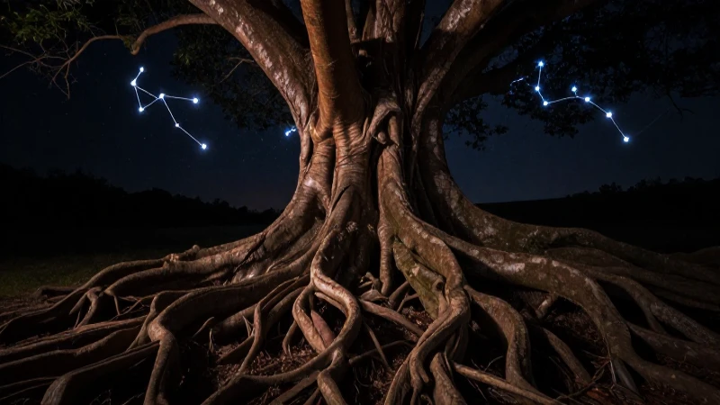 Raíces antiguas bajo estrellas brillantes