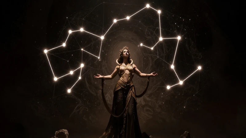 Figura mítica iluminada bajo luces contrastantes