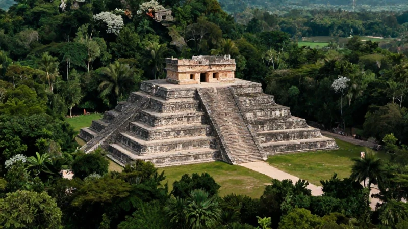 Pirámides mayas en selva exuberante cinematográfica