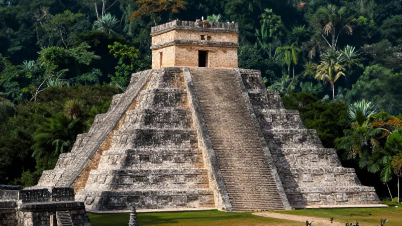 Pirámides mayas bajo selva iluminada