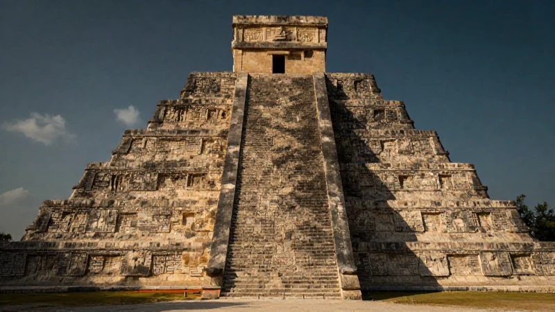 Glifos mayas, pirámides, luz cinematográfica, plano medio