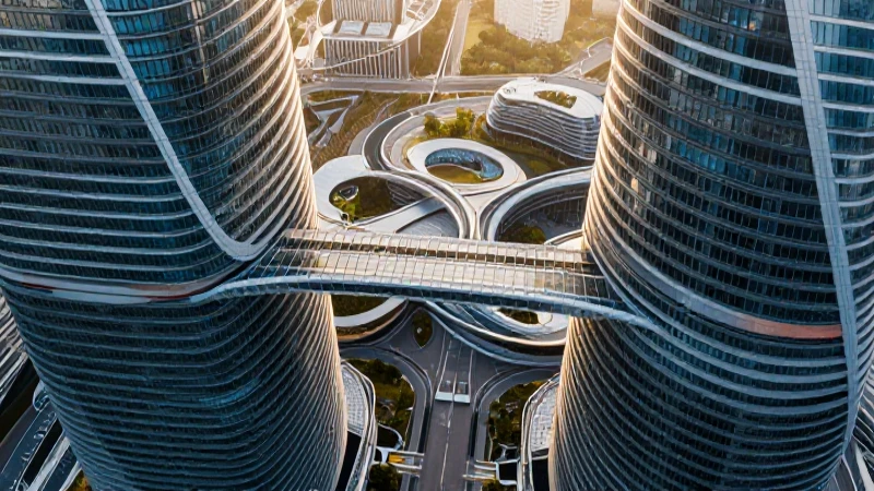 Estructuras: Línea de tiempo de la historia arquitectónica 10 Rascacielos futurista con puente de vidrio elegante