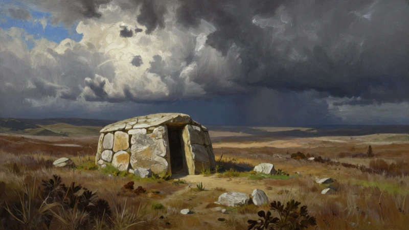 Estructuras: Línea de tiempo de la historia arquitectónica 3 Cabaña rupestre en paisaje amplio y realista