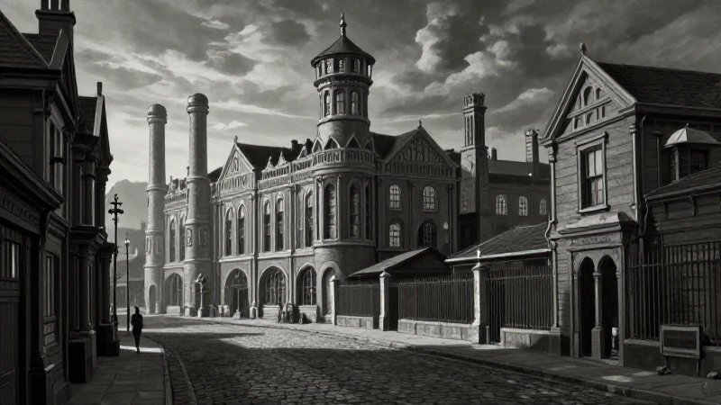 Estructuras: Línea de tiempo de la historia arquitectónica 8 Fábrica victoriana con iluminación dramática y arquitectura detallada
