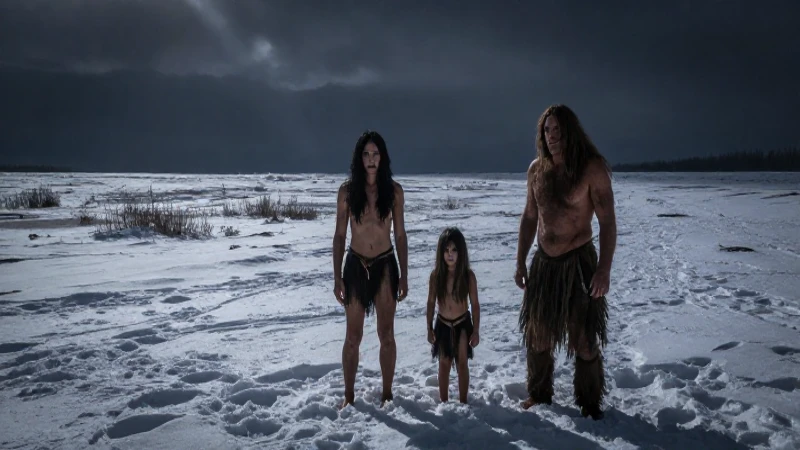 Familia neandertal en paisaje nevado dramático
