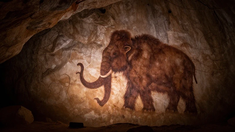 Pintura rupestre dramática con mamut lanudo