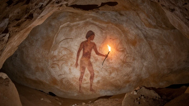 Pintura rupestre muestra silueta humana a la luz tenue