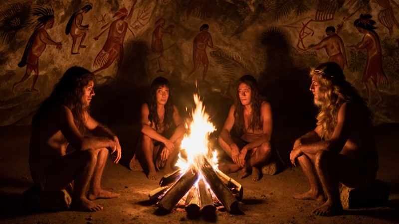 Hominidos al fuego, cueva y luz dramática