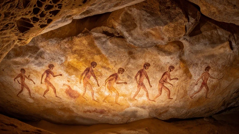 Pinturas rupestres prehistóricas bajo luz cálida y amplia