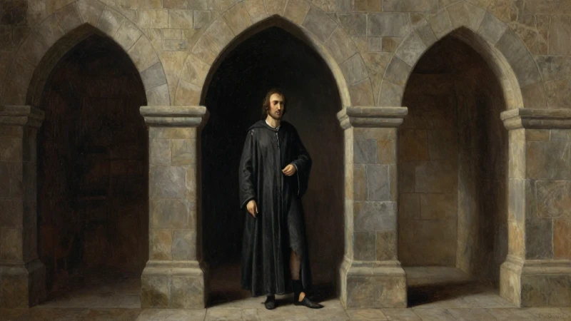 Filósofo medieval bajo un arco pétreo iluminado