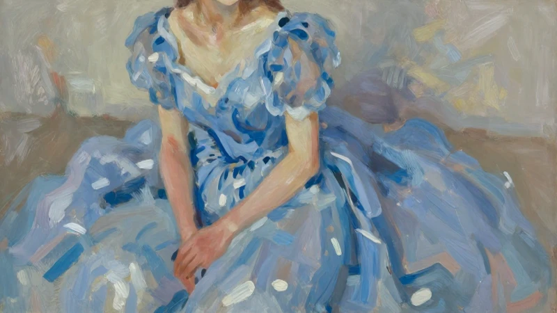 Vestido azul, pinceladas suaves e impresión luminosa