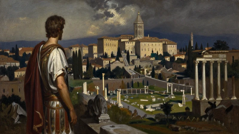 Etapas de Roma: Descubre la línea de tiempo de su historia 3 Rey romano observa ruinas con claroscuro
