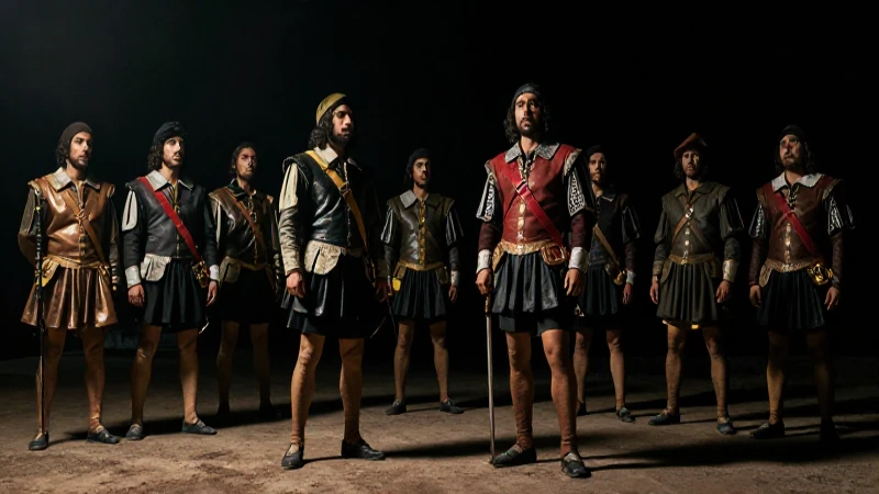 Conquistadores versus indígenas bajo luz dramática