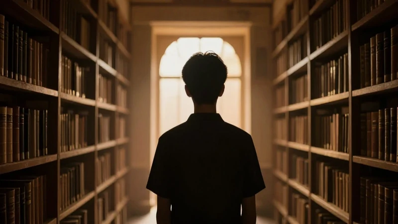 Estudiante silueta en biblioteca iluminada cálidamente
