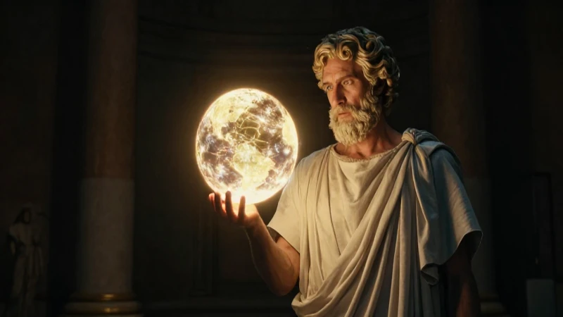 Filósofo griego antiguo, esfera brillante, claroscuro