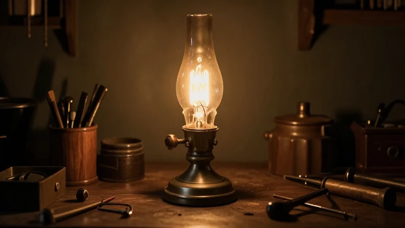 Lámpara antigua con luz cálida y herramientas