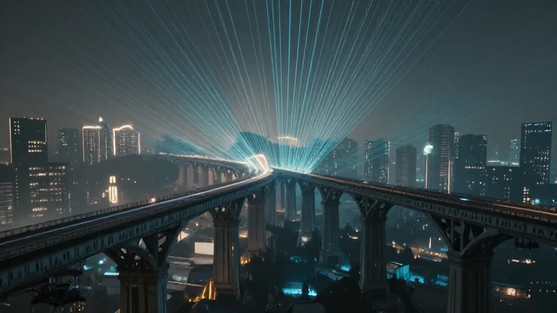 Cuál ha sido la evolución de la ingeniería en la historia 8 Ciudad futurista con puente antiguo iluminado y amplia vista
