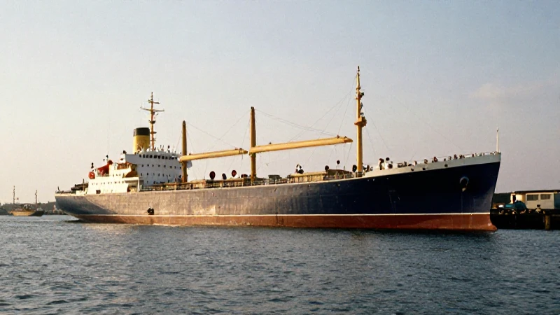 Buque mercante años sesenta en puerto soleado