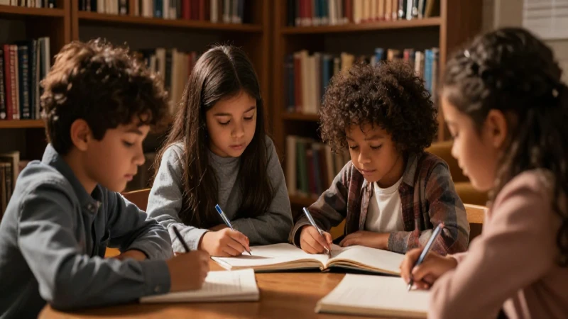 Cómo ha evolucionado la pedagogía a lo largo de la historia 7 Niños diversos colaboran en biblioteca iluminada cálidamente
