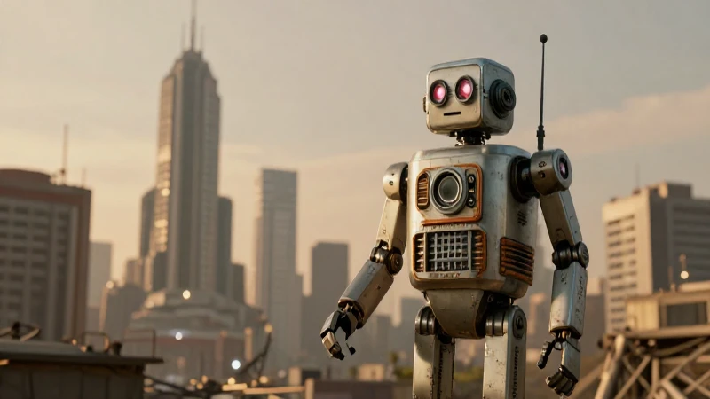 Robot antiguo ante horizonte futurista