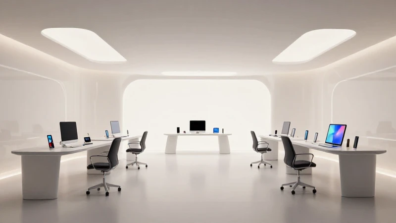 Espacio futurista con iPhone e iPad iluminado