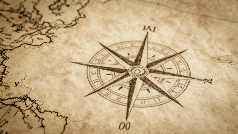 Antiguo mapa con brújula en perspectiva aérea
