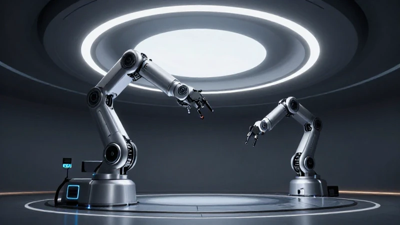 Computadora futurista con brazo robótico cinematográfico