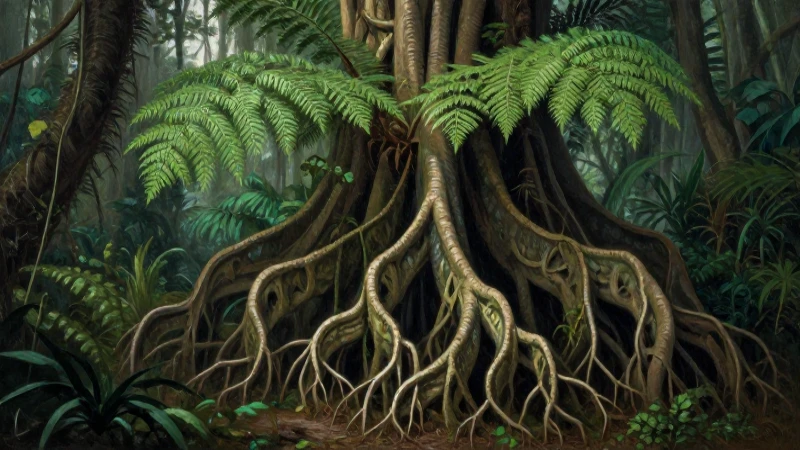 Raíces antiguas, helechos y jungla prehistórica