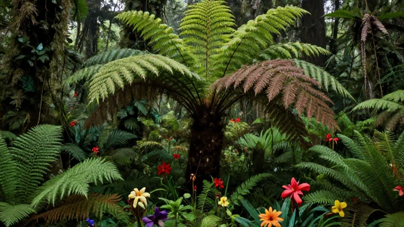Flores florecen en bosque antiguo y realista