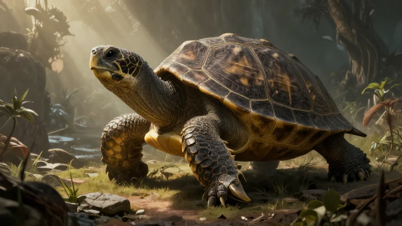 Tortuga ancestral en paisaje prehistórico épico