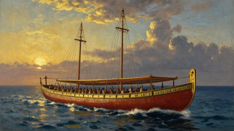 Triremes griegas bajo luz dramática dorada
