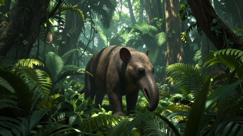 Un Moeritherium emerge entre la jungla prehistórica
