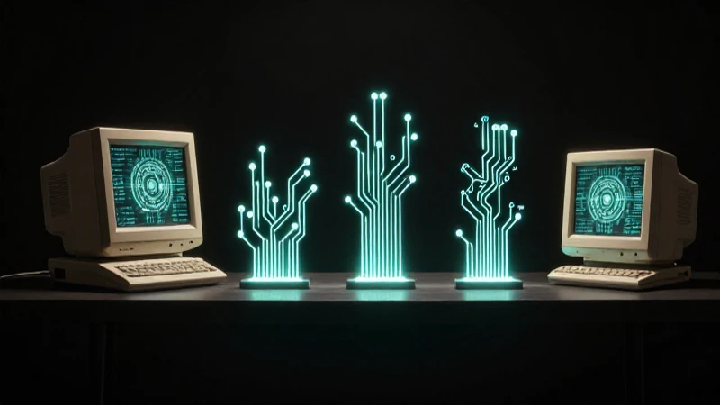 Computadora antigua iluminada contra fondo oscuro