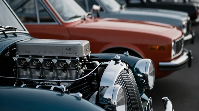 Evolución del automóvil: Línea de tiempo desde sus inicios 8 Coches clásicos, motores detallados, iluminación cinematográfica