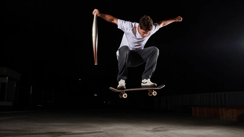 Lanzallamas olímpico, skate y sombra dramática