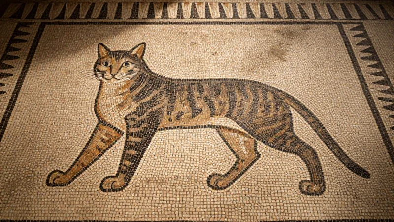 Cómo ha evolucionado el gato a lo largo de la historia 4 Mosaico romano con felino bajo luz cálida