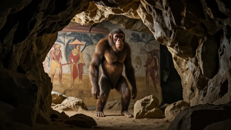 Reconstrucción de Homo habilis en cueva con luz dramática