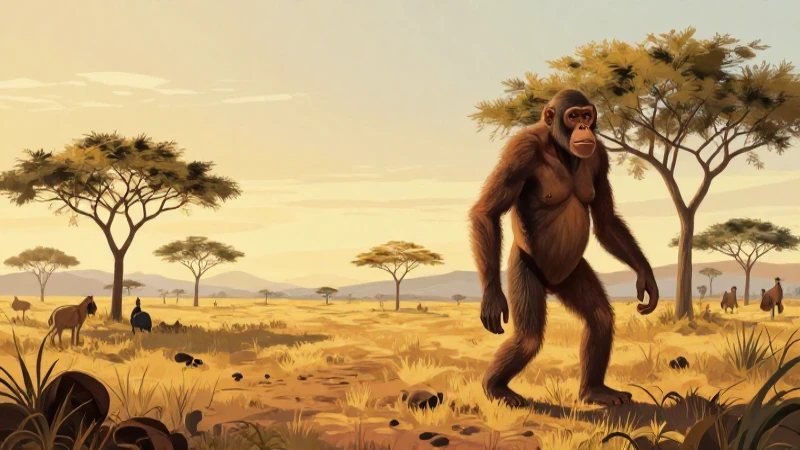 Australopiteco en sabana al atardecer