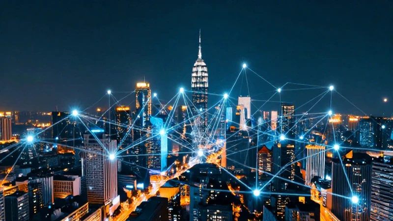 Cómo ha evolucionado el lenguaje a lo largo del tiempo 6 Ciudad futurista con redes digitales brillantes