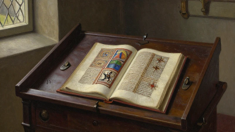 Escritorio medieval con manuscrito iluminado cálido