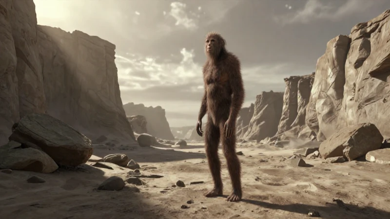 Cuáles son las etapas clave de la evolución humana 3 Hominido en paisaje antiguo bajo luz dramática